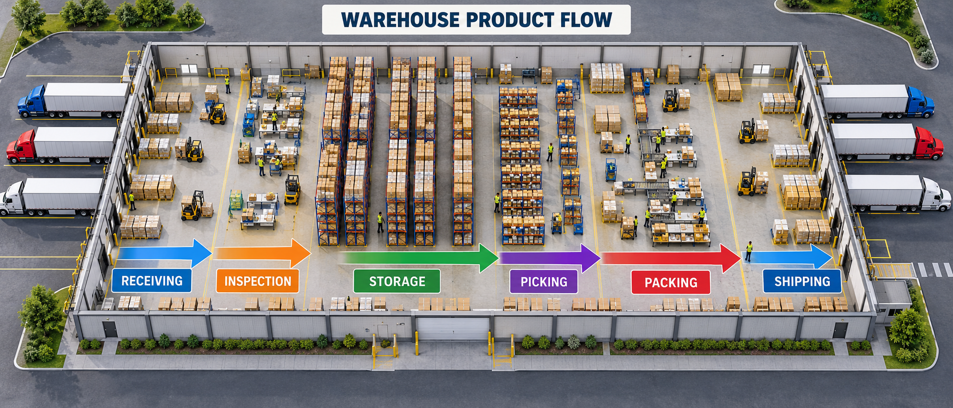 Overhead warehouse product flow with receiving and shipping trucks, inspection, storage racks, picking and packing areas, and directional arrows